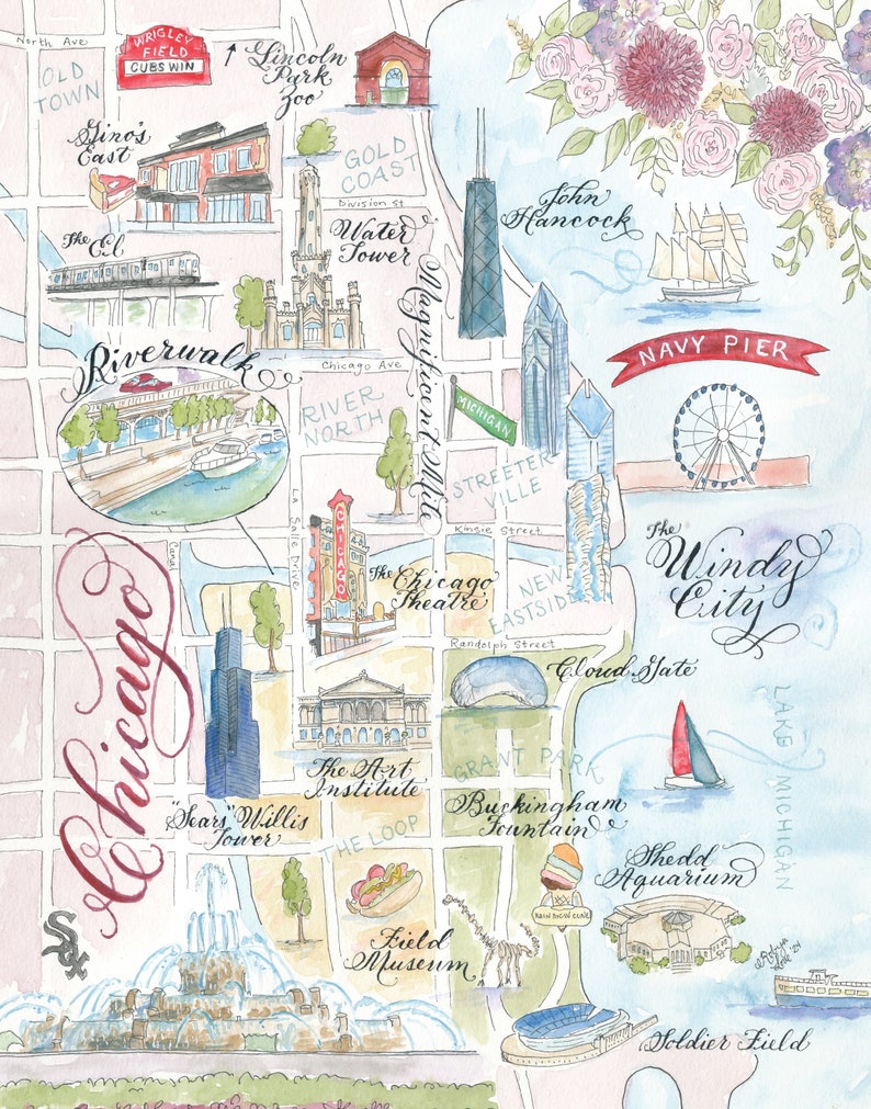 Calligraphy and watercolor illustrated chicago map cards wholesale souvenirs