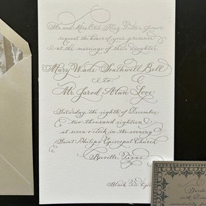 Letterpress and Foil Luxury Wedding Invitation // hand calligraphy on duplex, elegant silver