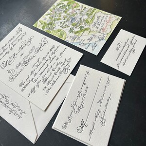 Calligraphy and black letterpress luxury wedding invitation with watercolor wedding map for a california wedding