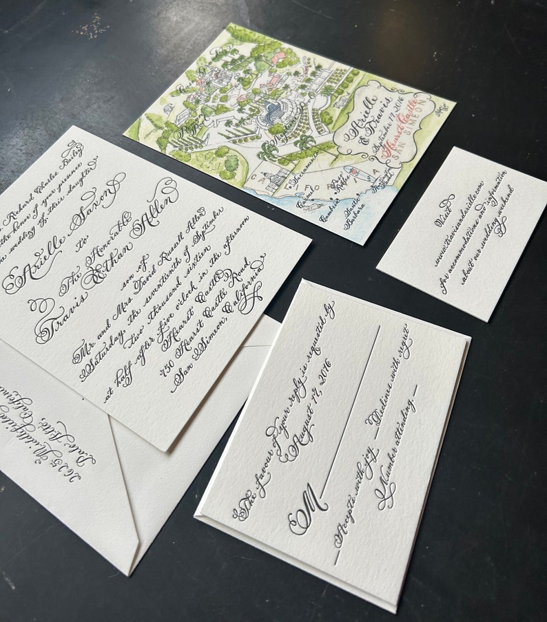 Calligraphy and black letterpress luxury wedding invitation with watercolor wedding map for a california wedding