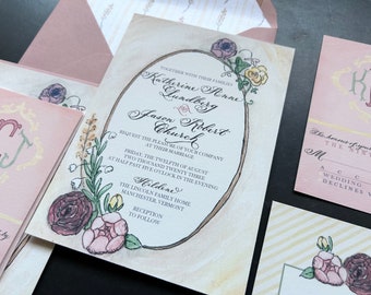Calligraphy Wedding invitation, floral yellow watercolor "Rainbow Cottage" No.42