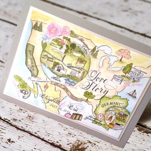 Mapa Invitación de Boda Amor No. 7 "Combe Magna", con Caligrafía y Acuarela. Personalizado pintado a mano y escrito a mano