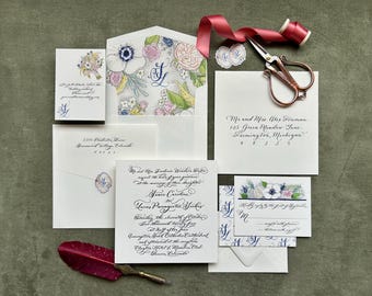 Watercolor and Letterpress Wedding Calligraphy Invitation with Floral Envelope Liner, Luxury Wedding Invitation, "Anemone"