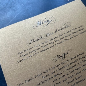 Menú de Boda en Caligrafía con papel Dorado e impresión plana