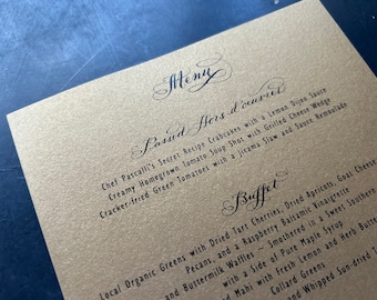 Wedding Menu in Calligraphy with Gold paper and flat printing