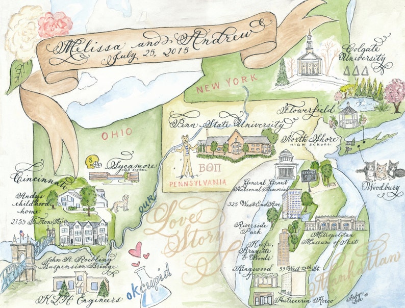Wedding Map, Love Story Size Medium Custom and hand-painted image 3