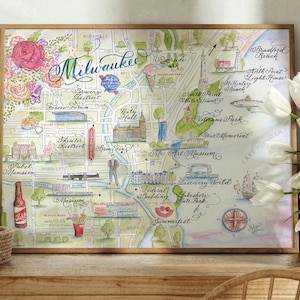 Kaart Milwaukee (Wisconsin), handgeschilderde aquarel, luxe print in 5 x 7, 8 x 10, 11 x 14, 16 x 20 of 18 x 24 om in te lijsten