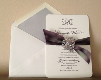 Letterpress Wedding Calligraphy Invitation with Silk Ribbon and Rhinestones Love No. 032, "Yorkshire"