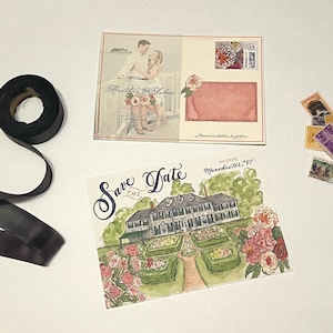 Postal con ilustración de acuarela y caligrafía a mano para guardar la fecha del lugar de celebración