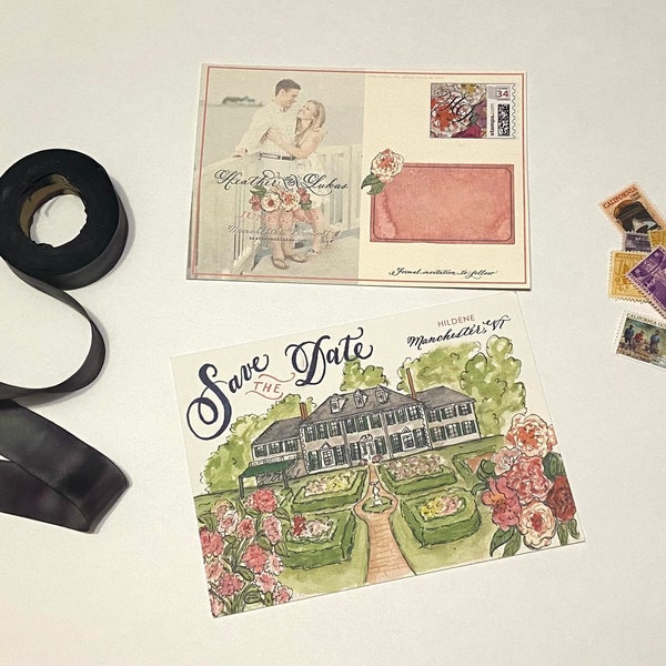 Save the Date Custom Venue Watercolor Illustration Postcard with Hand Calligraphy