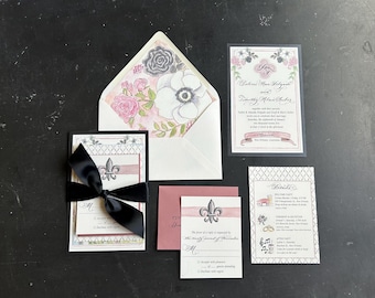 Luxury Calligraphy Wedding invitation, floral watercolor "Dusty Rose Fantasy”