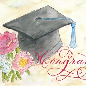 calligraphy and watercolor graduation card blank congrats congratuations with floral and customization option