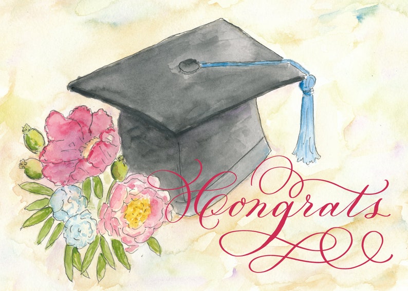 calligraphy and watercolor graduation card blank congrats congratuations with floral and customization option