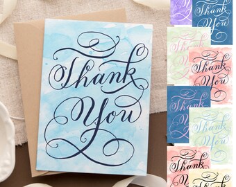 Calligraphy and Watercolor Wash Thank You Cards -- Set of 20 -- FREE US Shipping -- BULK -- pick your colors