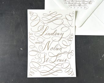 Grand Flourishes Custom Calligraphy Gold Foil Wedding Save the Date “Lindsey”