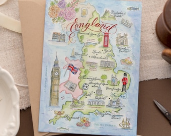 Watercolor England Map Card -- Single Card, Set of 4 or 10