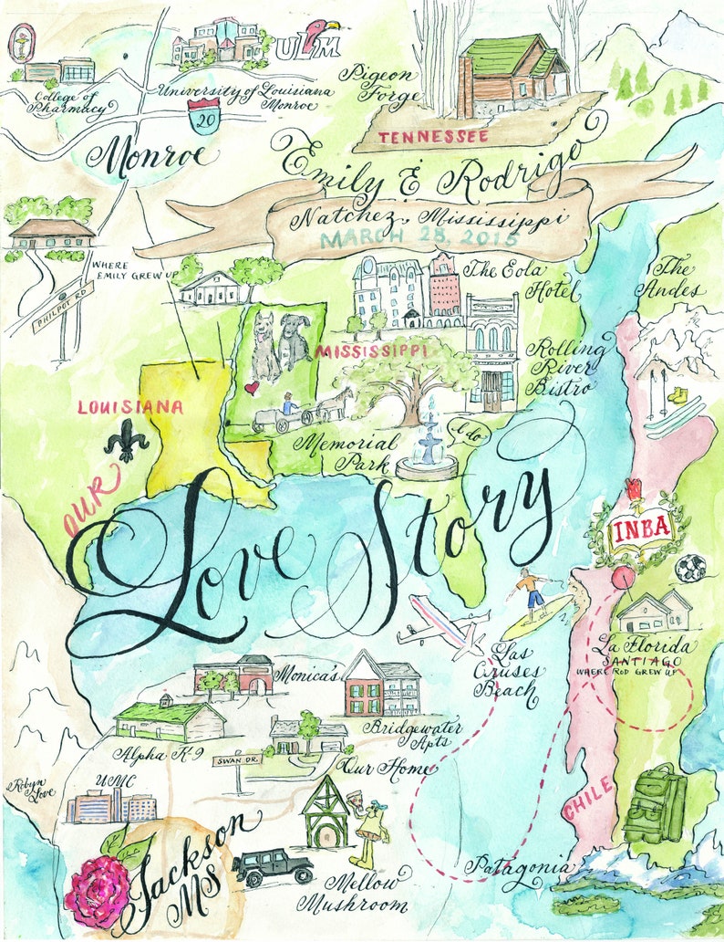 Wedding Map, Love Story Size Medium Custom and hand-painted image 8