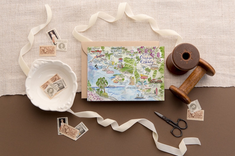 Carte vintage aquarelle d'Orange County, Californie -- Une carte, lot de 4 et coffret de luxe de 10 image 2