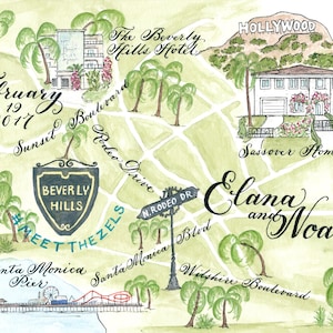 Los Angeles, Hollywood Handgemalte Aquarell Landkarte, Save the Date, Jahrestag Geschenk