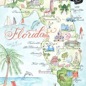 Carte de la Floride, aquarelle peinte à la main, impression de luxe en 5 x 7, 8 x 10, 11 x 14, 16 x 20 ou 18 x 24 pour encadrer un cadeau pour elle image 3