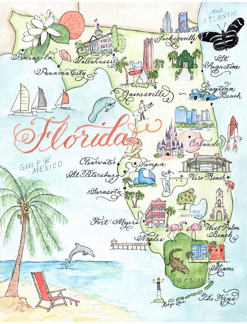 Carte de la Floride, aquarelle peinte à la main, impression de luxe en 5 x 7, 8 x 10, 11 x 14, 16 x 20 ou 18 x 24 pour encadrer un cadeau pour elle image 3