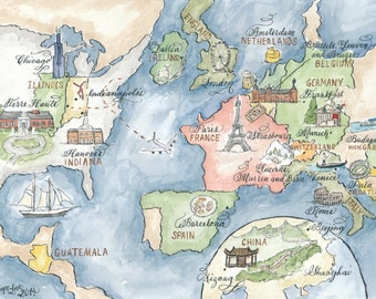 Watercolor Medium Travel Map DIY, print at home or order prints
