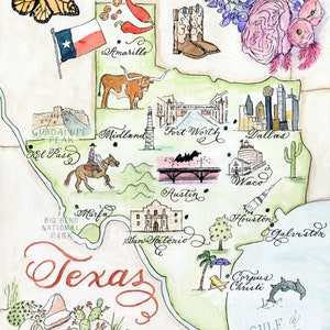 watercolor and calligraphy texas Map illustration is a great TX gift or souvenir