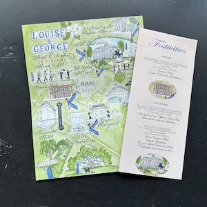 Livret de bienvenue personnalisé pour le week-end de mariage avec carte aquarelle et calligraphie à la main pliée La Nouvelle-Orléans