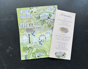 Custom Wedding Weekend Welcome Booklet with Watercolor Map and Hand Calligraphy Folded New Orleans