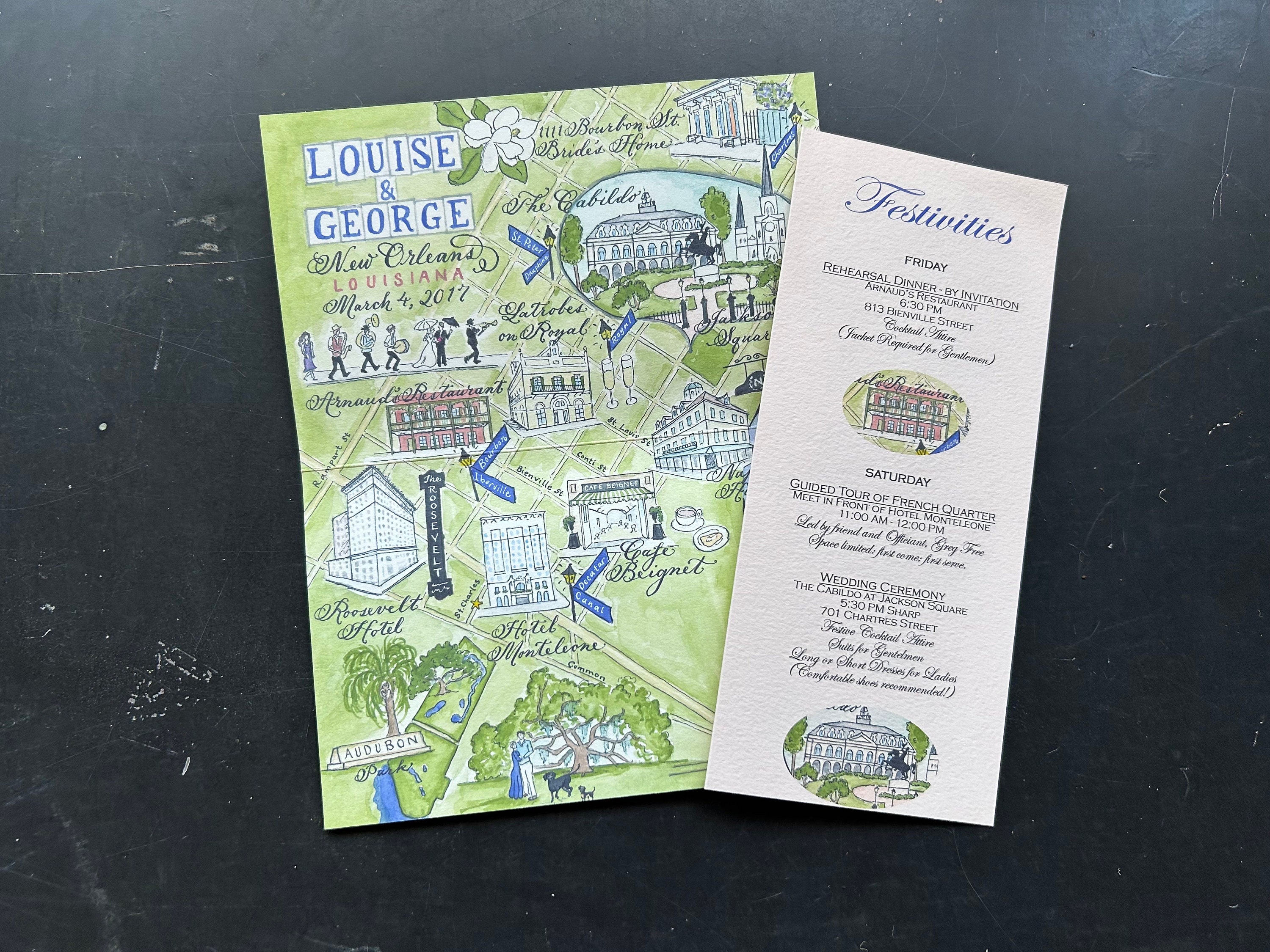 Custom Wedding Weekend Welcome Booklet with Watercolor Map and Hand Calligraphy Folded New Orleans