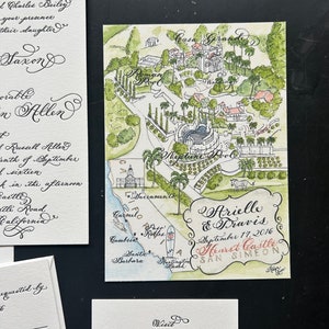 Calligraphy and black letterpress luxury wedding invitation with watercolor wedding map for a california wedding