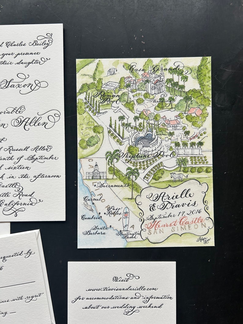 Calligraphy and black letterpress luxury wedding invitation with watercolor wedding map for a california wedding