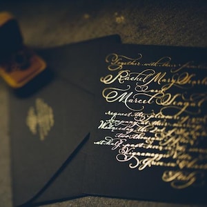 Letterpress Wedding Invitation // hand calligraphy Gold foil on Museum Board Love No. 40, &quot;Evangeline&quot;