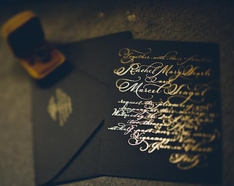 Letterpress Wedding Invitation // hand calligraphy Gold foil on Museum Board Love No. 40, "Evangeline"