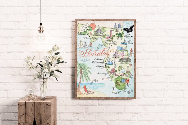 watercolor and calligraphy florida Map illustration is a great FL gift or souvenir