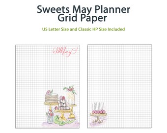 May - Cakes Grid Paper Planner Pages - US Letter and Classic HP size digital pdfs - Handpainted Watercolor and Calligraphy - 6 pages