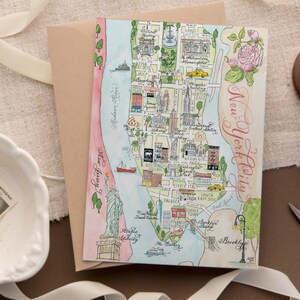 Watercolor Vintage New York City Map Card Single Card, Set of 4, and Luxury Box Set of 10 image 1