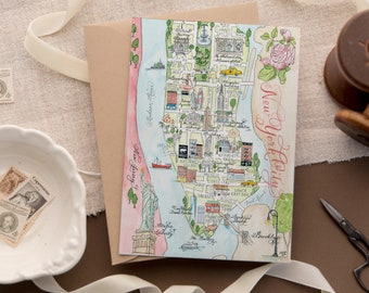 Watercolor Vintage New York City Map Card -- Single Card, Set of 4, and Luxury Box Set of 10