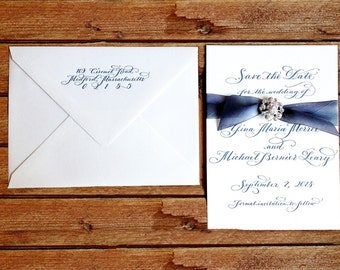 Calligraphy Letterpress Wedding Save the Date with or without Silk and Vintage Styled Embellishment Love No.1075