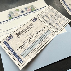 Invitación de boda de caligrafía Carta de amor con billete de tren y mapa de acuarela de Robyn Love - Completamente personalizado