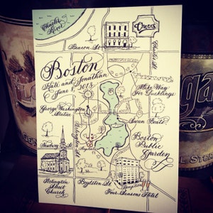 Kalligraphie Schwarz-Weiß Hochzeitskarte mit kolorierten Highlights Boston