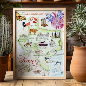 Carte du Texas, aquarelle peinte à la main, impression de luxe en 5 x 7, 8 x 10, 11 x 14, 16 x 20 ou 18 x 24 pour l'encadrement