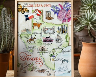 Texas Map, Hand-painted Watercolor, Luxury Print in 5 x 7, 8 x 10, 11 x 14, 16 x 20, or 18 x 24 for framing