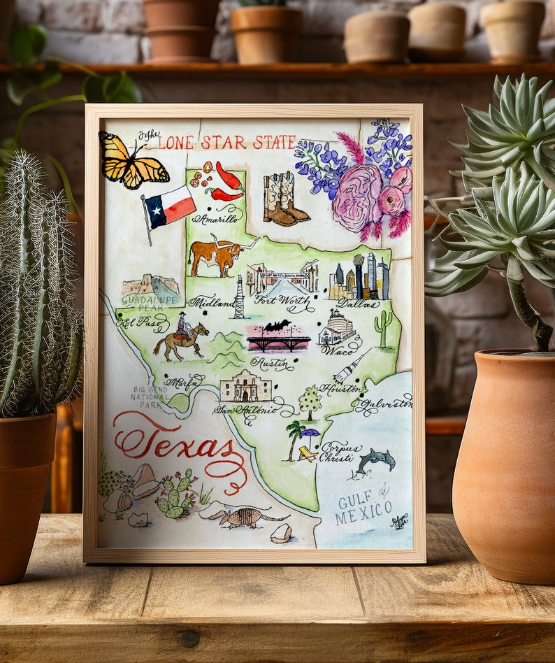 Carte du Texas, aquarelle peinte à la main, impression de luxe en 5 x 7, 8 x 10, 11 x 14, 16 x 20 ou 18 x 24 pour l'encadrement image 1