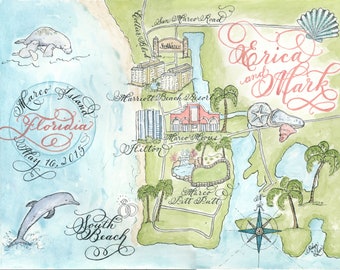Marco Island, Florida Custom Watercolor Wedding Map by Robyn Love