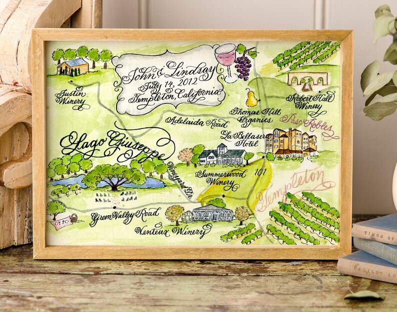 Wine Country California destination wedding map, custom watercolor illustrated wedding map by Robyn Love