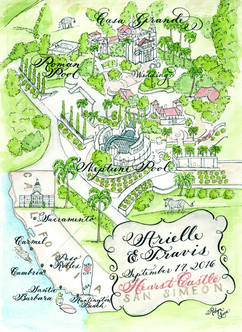 Santa Barbara, California Watercolor Wedding Map DIY, print at home or order prints image 6