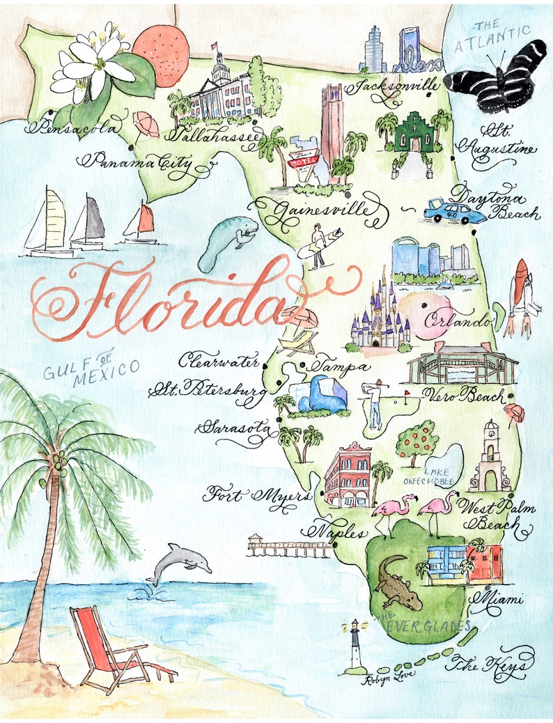 Watercolor Vintage Florida Map Card Single Card, Set of 4, and Luxury Box Set of 10 image 2