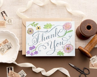 Calligraphy Floral Thank You Card -- Set of 20 -- FREE US Shipping -- BULK