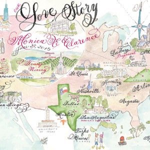 Wedding Map, Love Story Size Medium Custom and hand-painted image 1